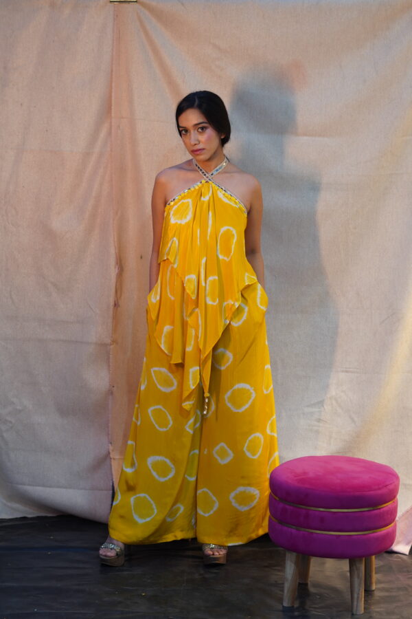 Yellow Bandhani-Inspired Halter Neck Jumpsuit - Image 2
