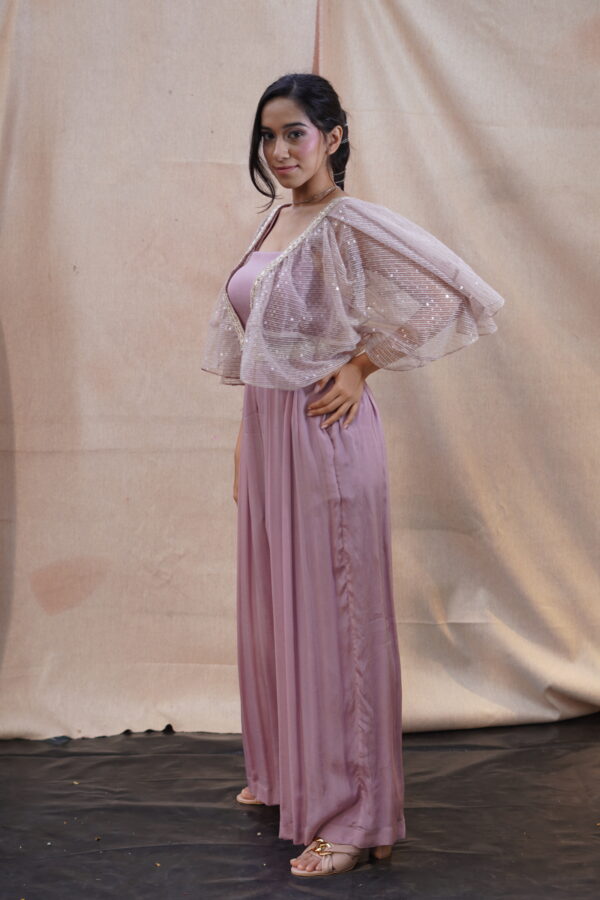 Mauve Satin Cord Set with Sequin Sheer Cape - Image 3