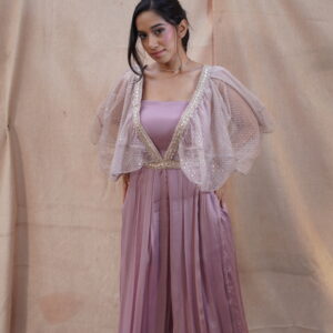 Mauve Satin Cord Set with Sequin Sheer Cape