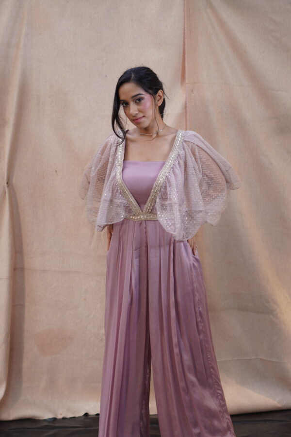 Mauve Satin Cord Set with Sequin Sheer Cape