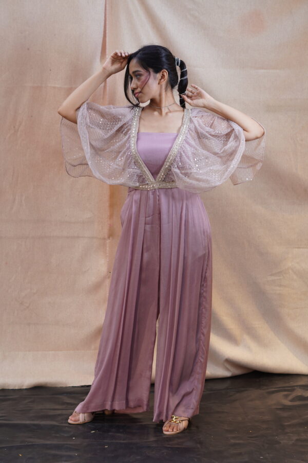 Mauve Satin Cord Set with Sequin Sheer Cape - Image 2