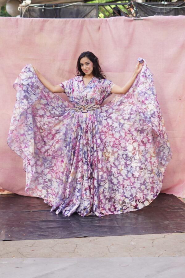 Multicolor Floral Pleated Gown - Image 5