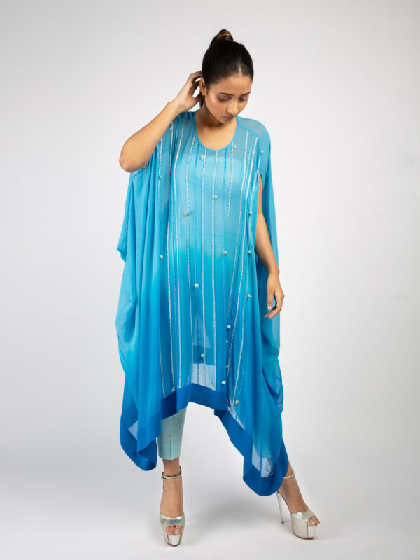 Ocean Blue Asymmetrical Kaftan Kurta Set - Image 3
