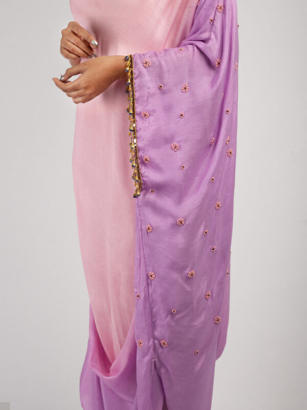 Blush to Lavender Ombre One-Shoulder Draped Kurta Set - Image 3