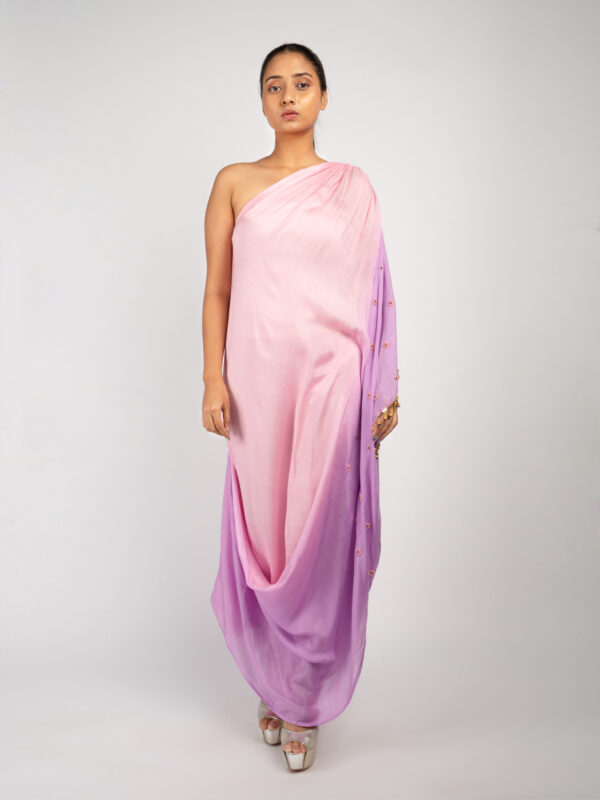 Blush to Lavender Ombre One-Shoulder Draped Kurta Set - Image 2