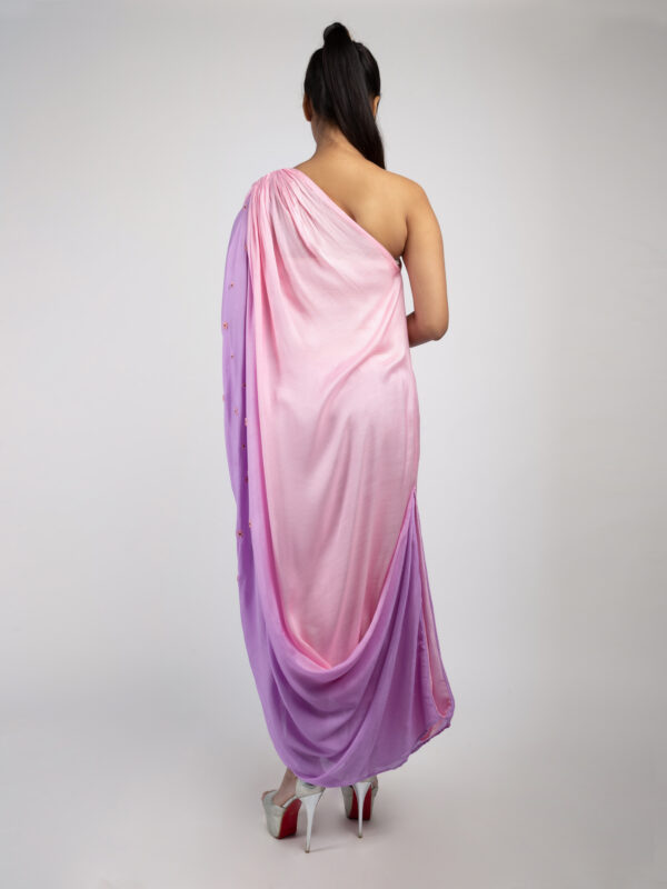 Blush to Lavender Ombre One-Shoulder Draped Kurta Set - Image 4