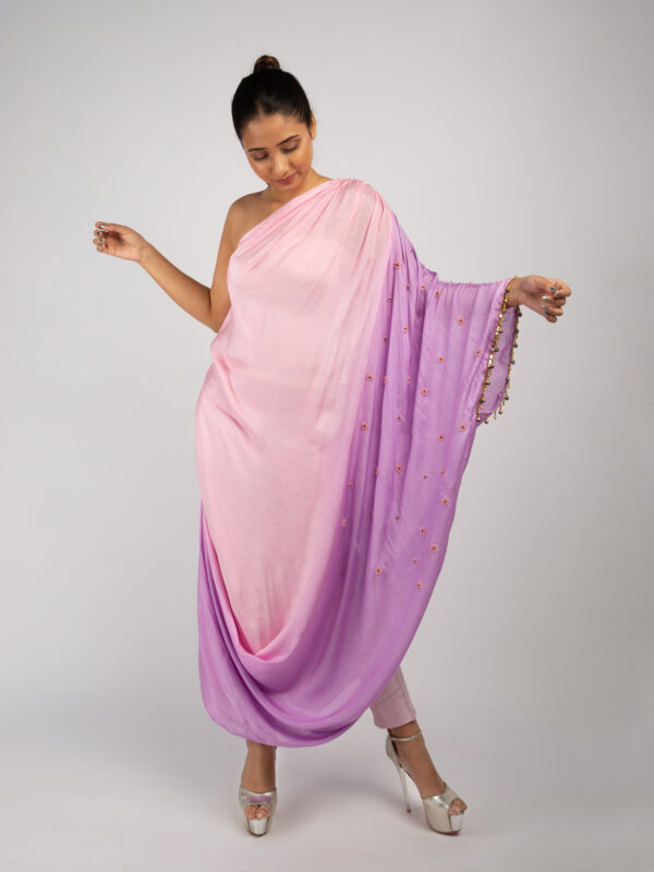 Blush to Lavender Ombre One-Shoulder Draped Kurta Set