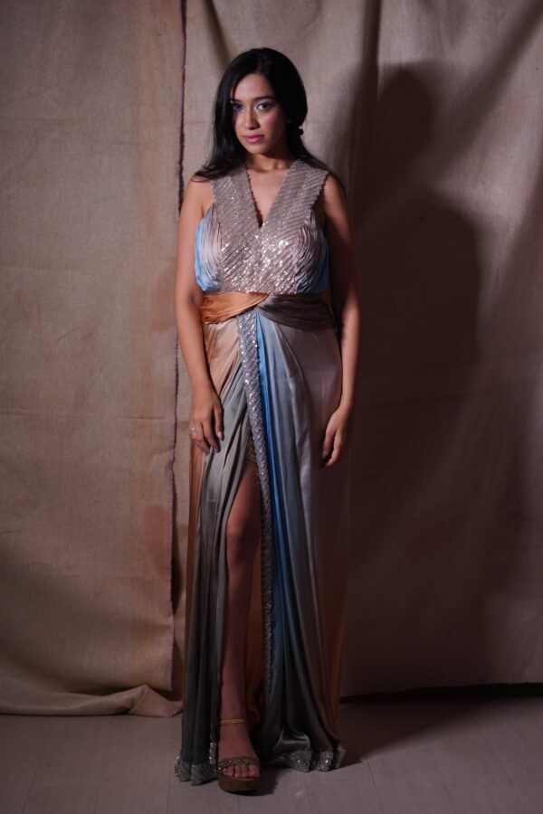 Ombre Metallic Draped Gown